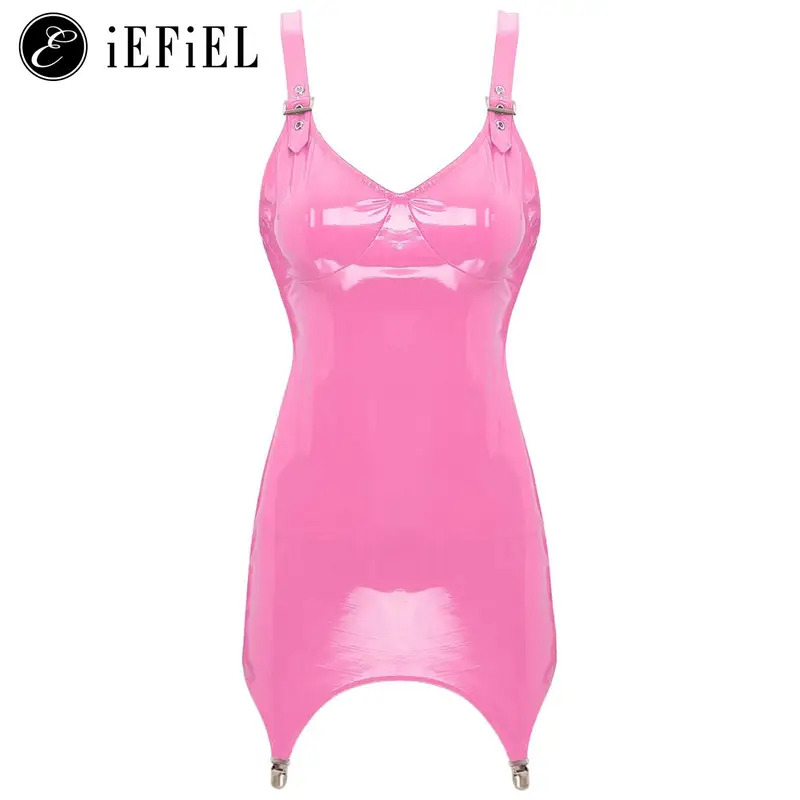 Babydoll Chemise Night - Dames Glanzend Metallic PVC Leer V-hals